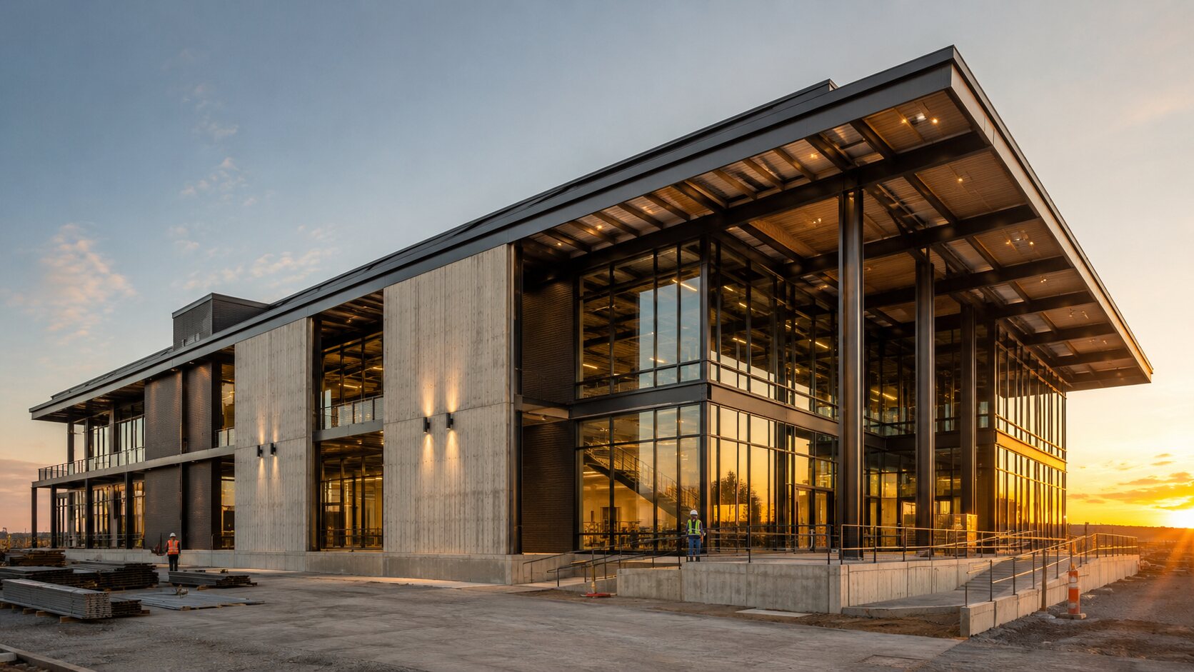 Completed modern commercial building at sunset