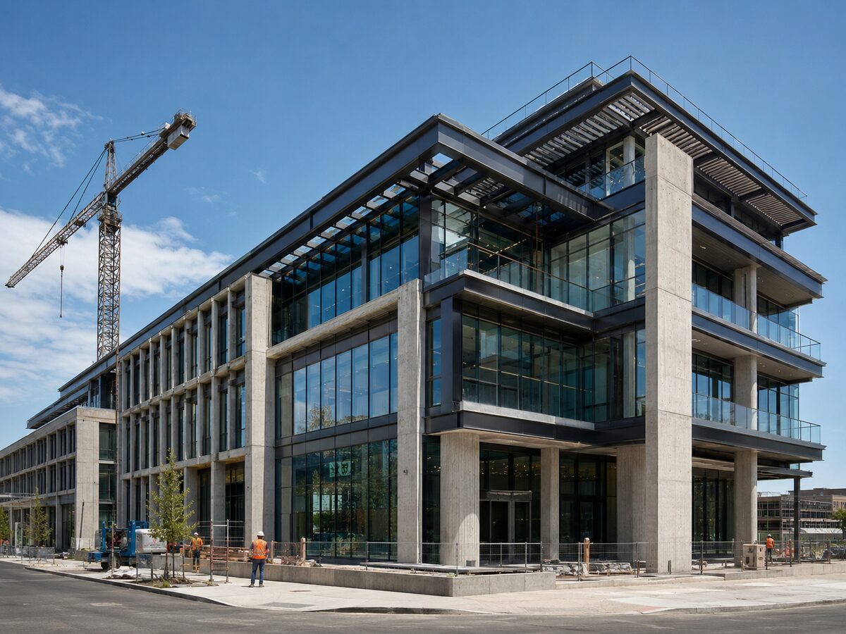 Glass and steel office building under construction